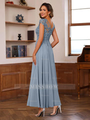 V-Neck A-Line Short Sleeve Ankle-Length Mother of the Bride Dress with Lace Appliques