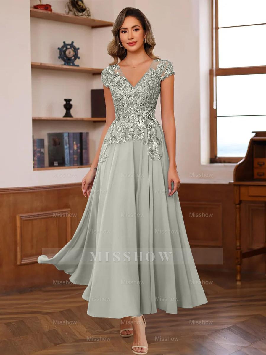 V-Neck A-Line Short Sleeve Ankle-Length Mother of the Bride Dress with Lace Appliques