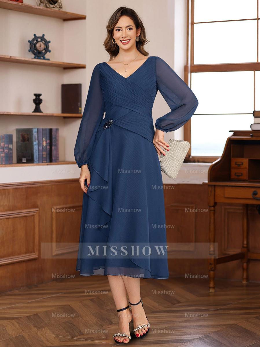 V-Neck A-Line Tea-Length Dress with Long Sleeves Pleats and Appliques for Mothers of the Bride & Groom