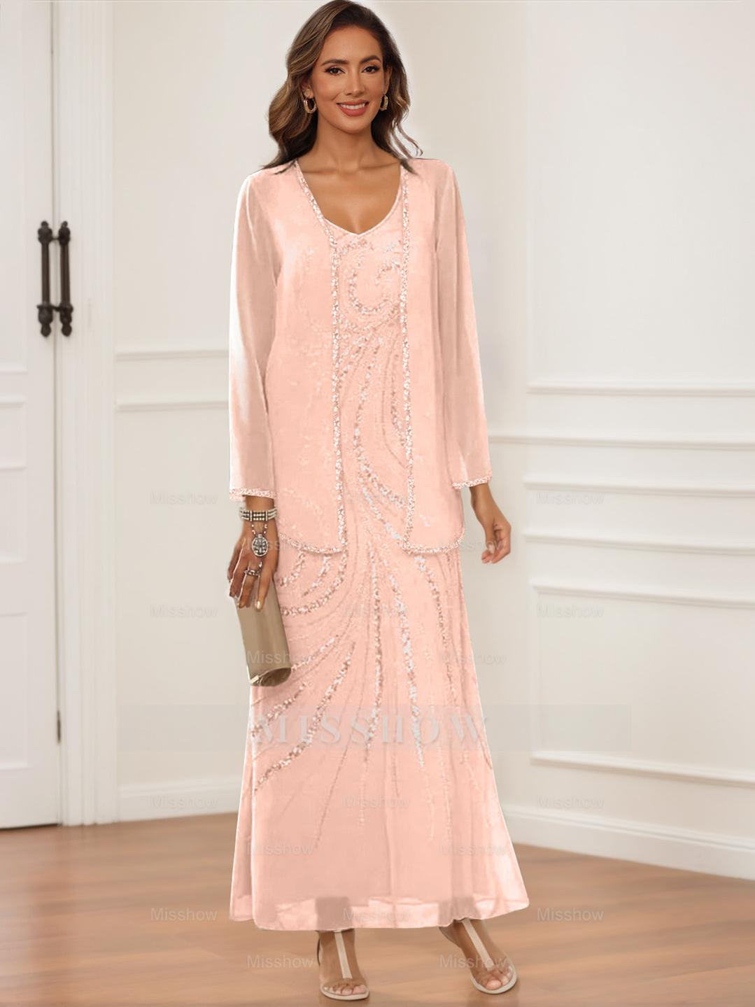 V-Neck Ankle-Length Sheath/Column Dress with Jacket & Sequins for Mothers of the Bride & Groom