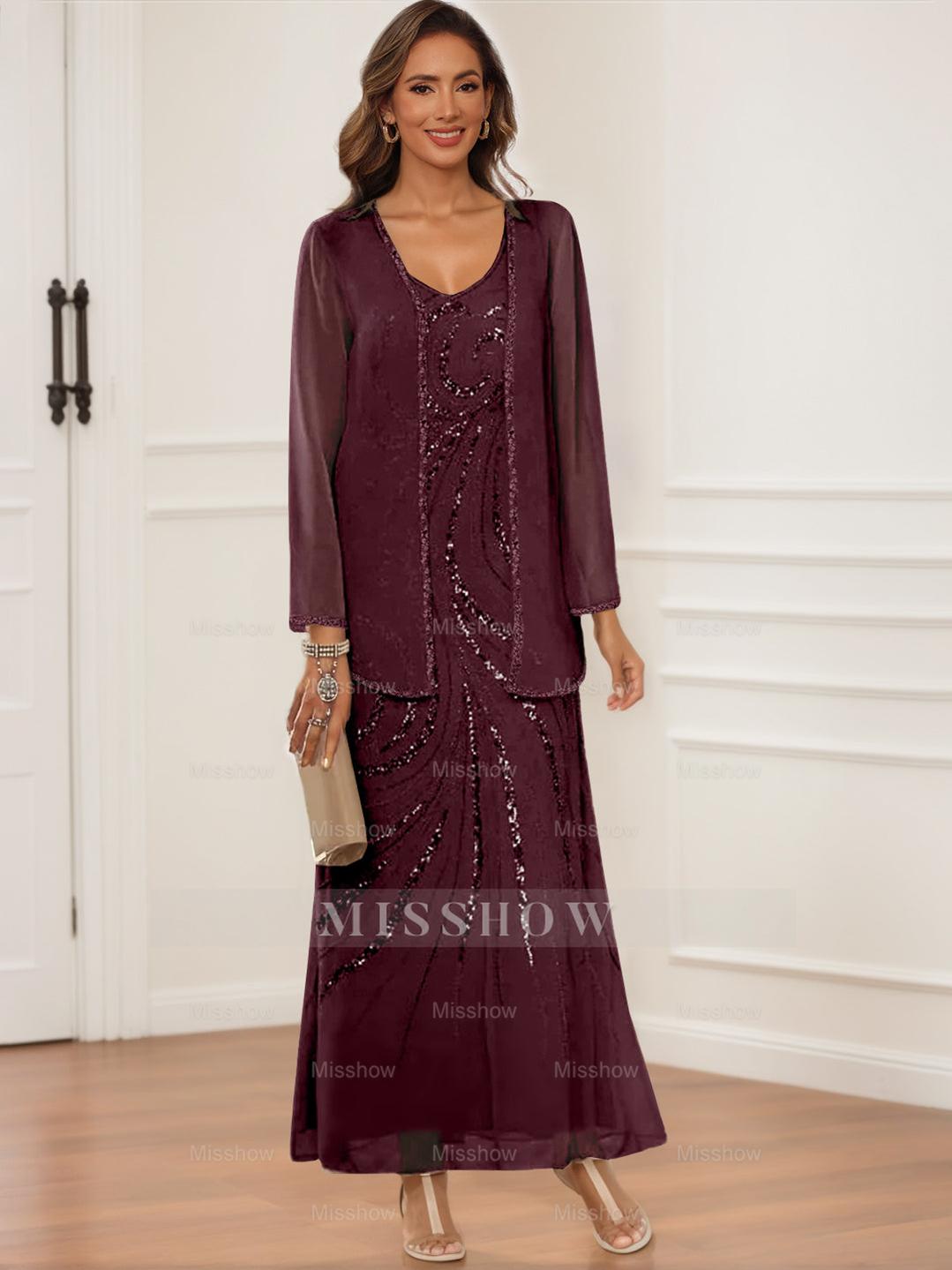 V-Neck Ankle-Length Sheath/Column Dress with Jacket & Sequins for Mothers of the Bride & Groom