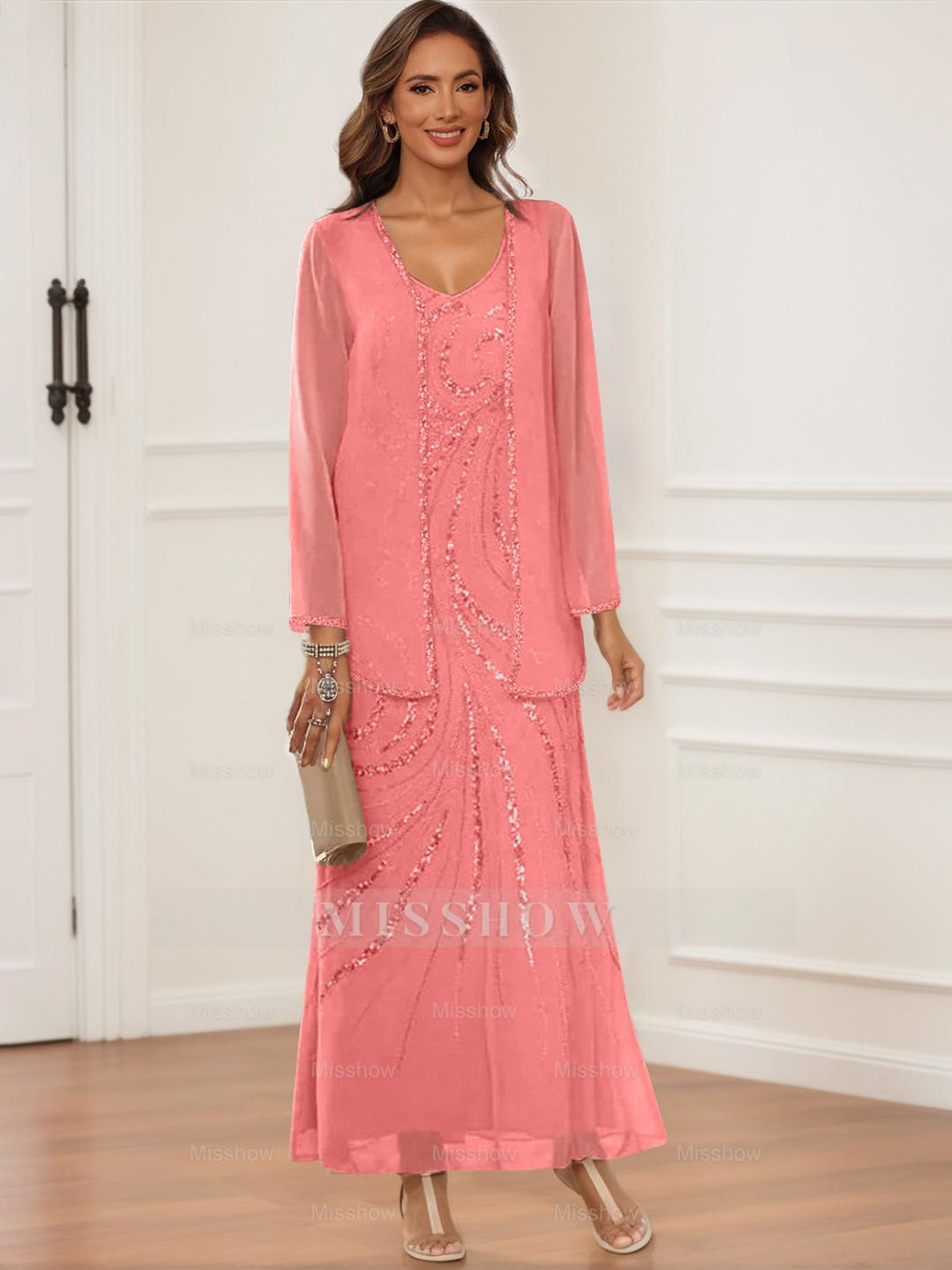 V-Neck Ankle-Length Sheath/Column Dress with Jacket & Sequins for Mothers of the Bride & Groom
