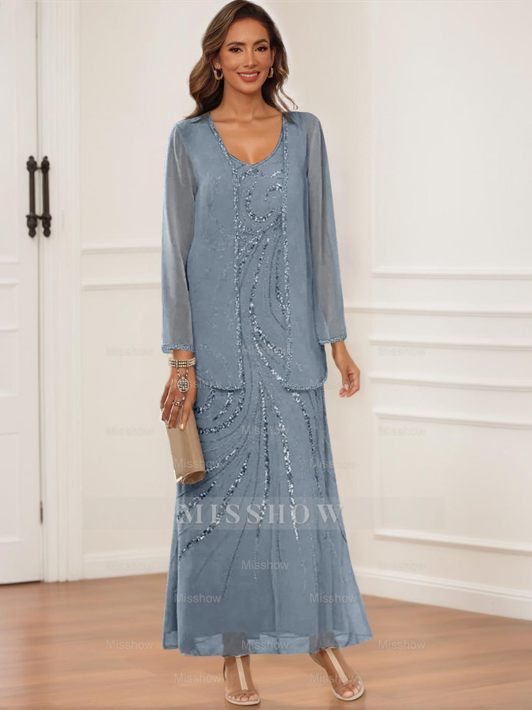 V-Neck Ankle-Length Sheath/Column Dress with Jacket & Sequins for Mothers of the Bride & Groom