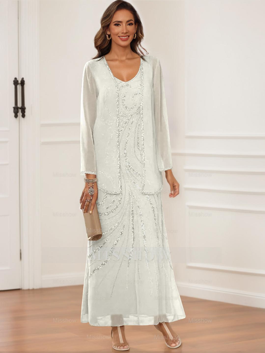 V-Neck Ankle-Length Sheath/Column Dress with Jacket & Sequins for Mothers of the Bride & Groom