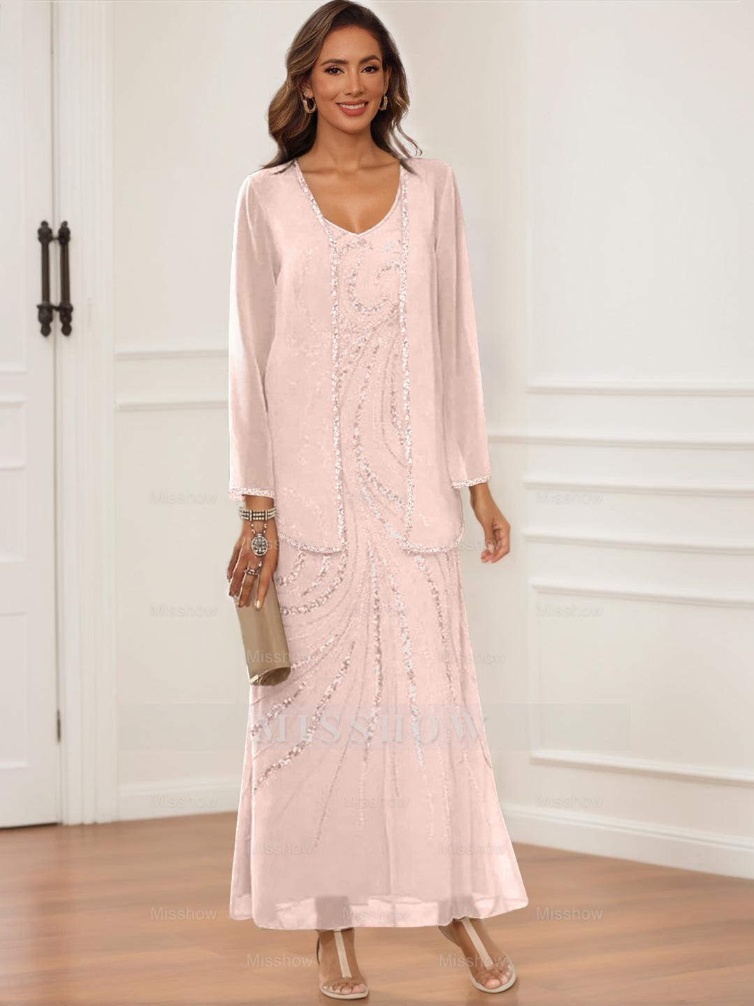 V-Neck Ankle-Length Sheath/Column Dress with Jacket & Sequins for Mothers of the Bride & Groom