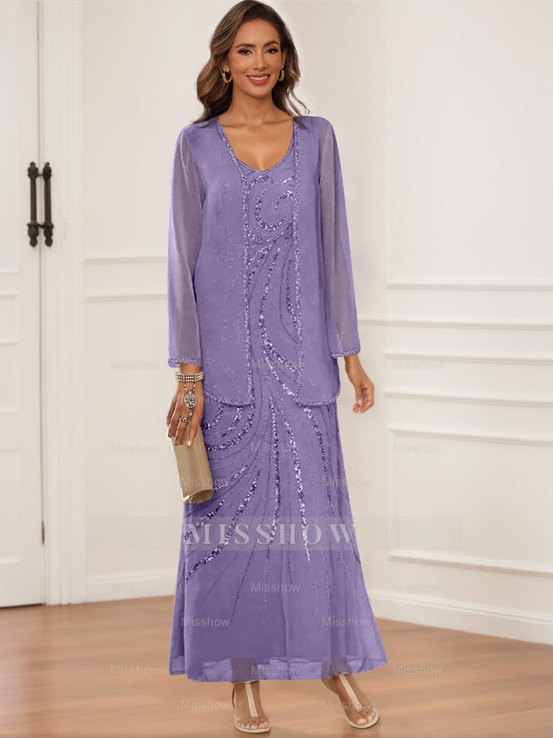 V-Neck Ankle-Length Sheath/Column Dress with Jacket & Sequins for Mothers of the Bride & Groom