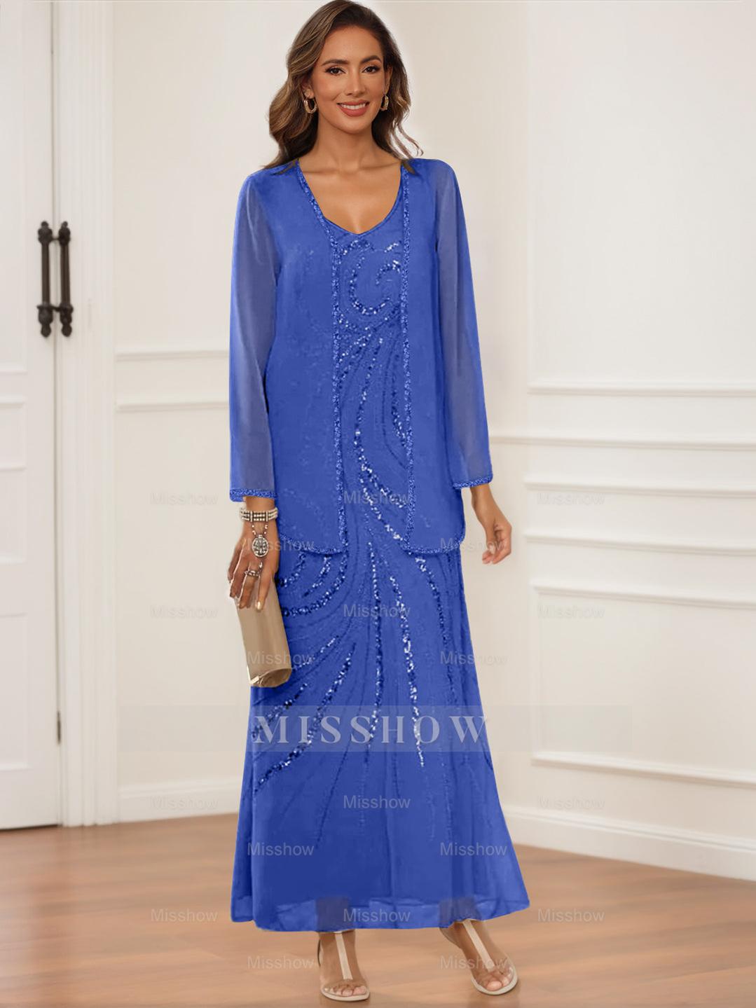 V-Neck Ankle-Length Sheath/Column Dress with Jacket & Sequins for Mothers of the Bride & Groom