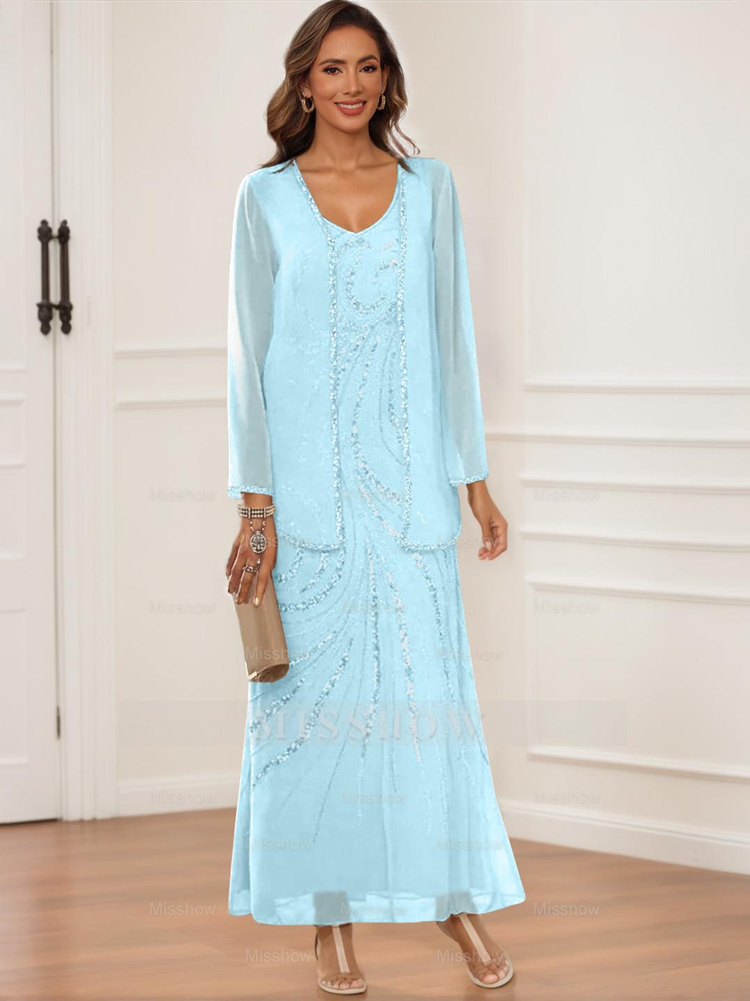 V-Neck Ankle-Length Sheath/Column Dress with Jacket & Sequins for Mothers of the Bride & Groom