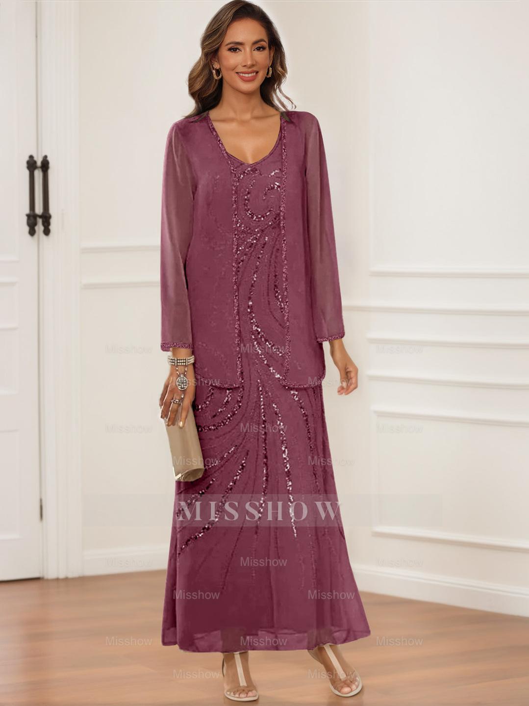 V-Neck Ankle-Length Sheath/Column Dress with Jacket & Sequins for Mothers of the Bride & Groom