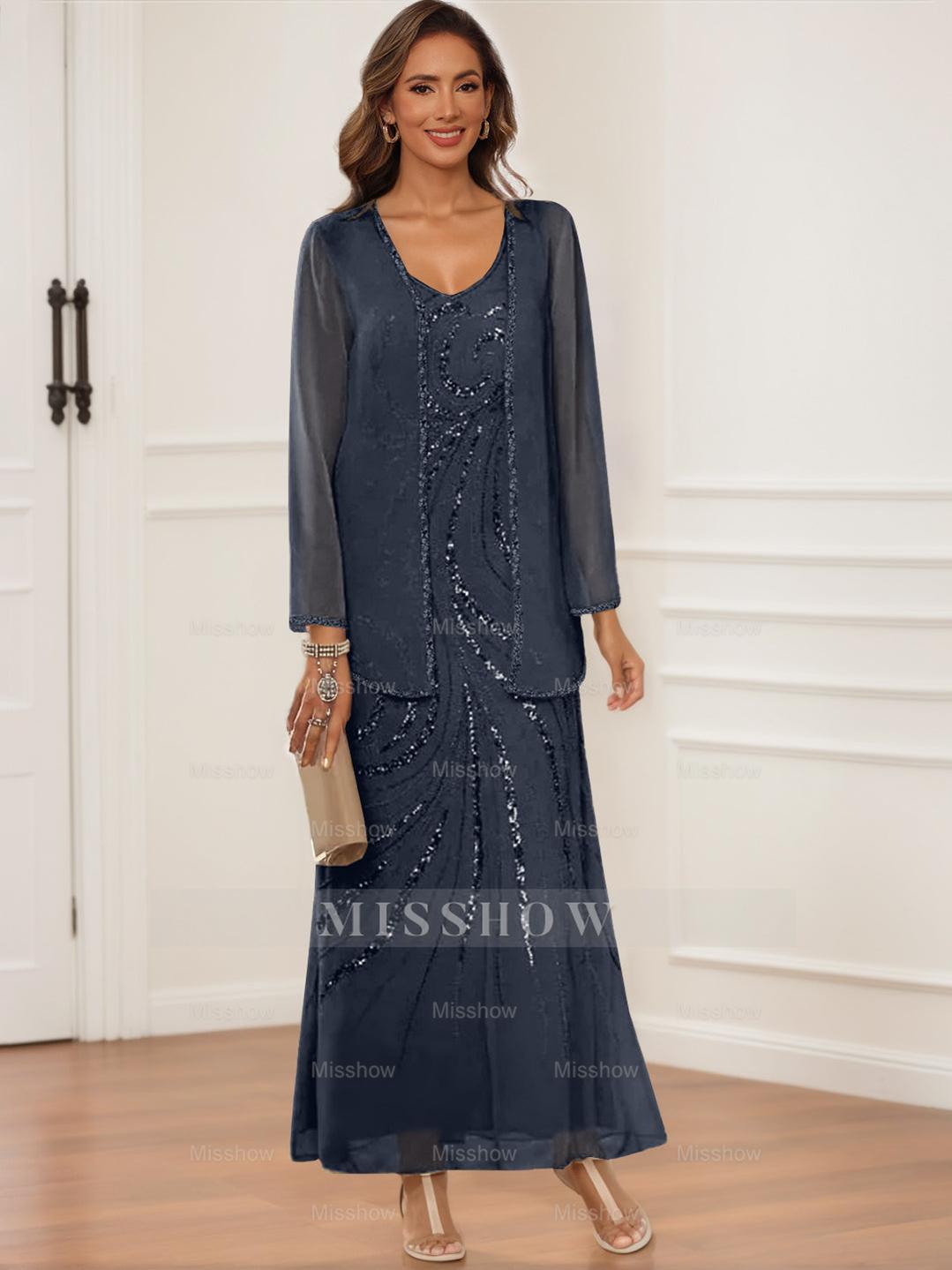 V-Neck Ankle-Length Sheath/Column Dress with Jacket & Sequins for Mothers of the Bride & Groom