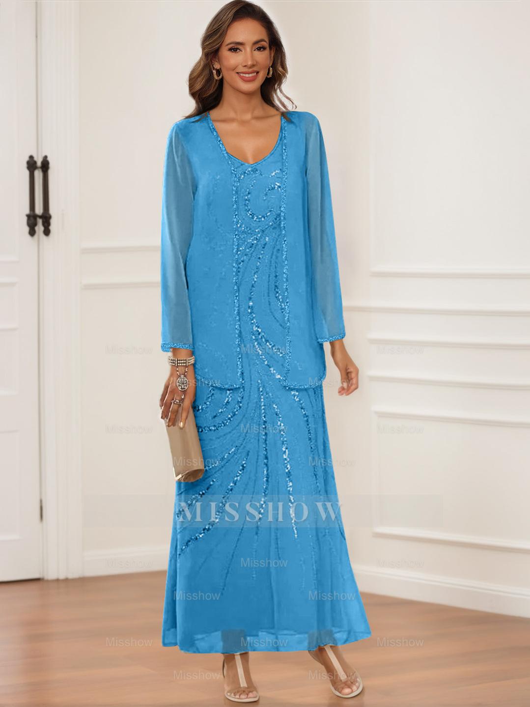 V-Neck Ankle-Length Sheath/Column Dress with Jacket & Sequins for Mothers of the Bride & Groom