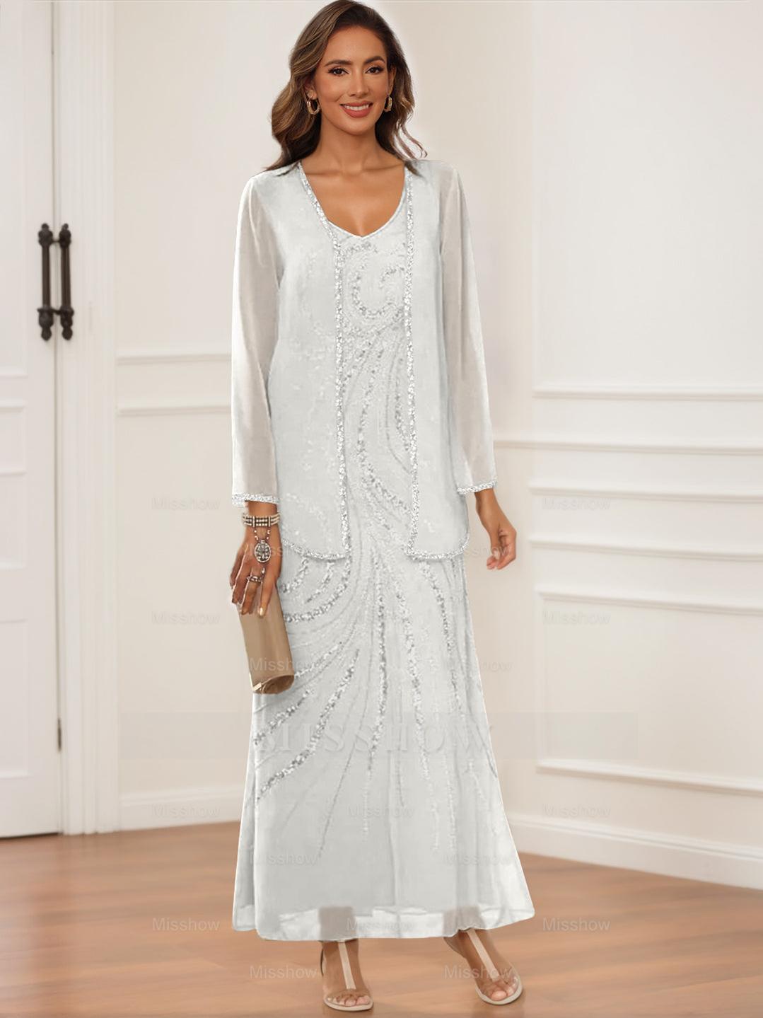 V-Neck Ankle-Length Sheath/Column Dress with Jacket & Sequins for Mothers of the Bride & Groom