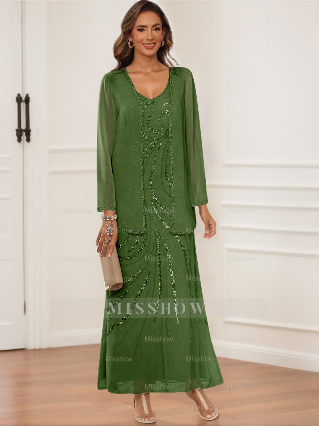 V-Neck Ankle-Length Sheath/Column Dress with Jacket & Sequins for Mothers of the Bride & Groom