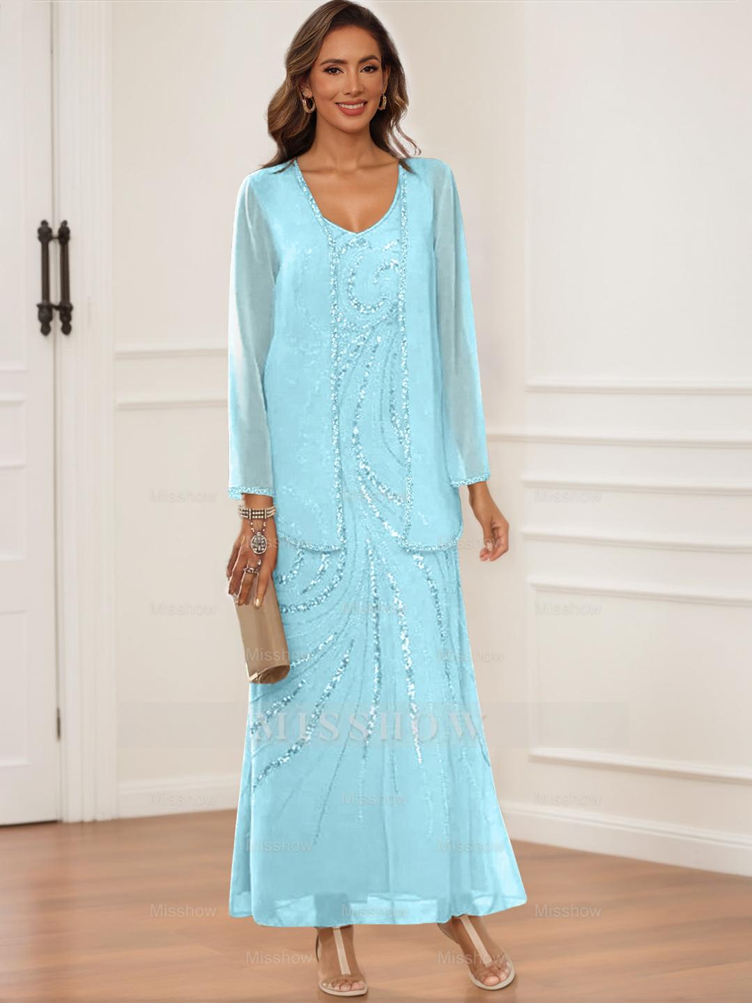 V-Neck Ankle-Length Sheath/Column Dress with Jacket & Sequins for Mothers of the Bride & Groom
