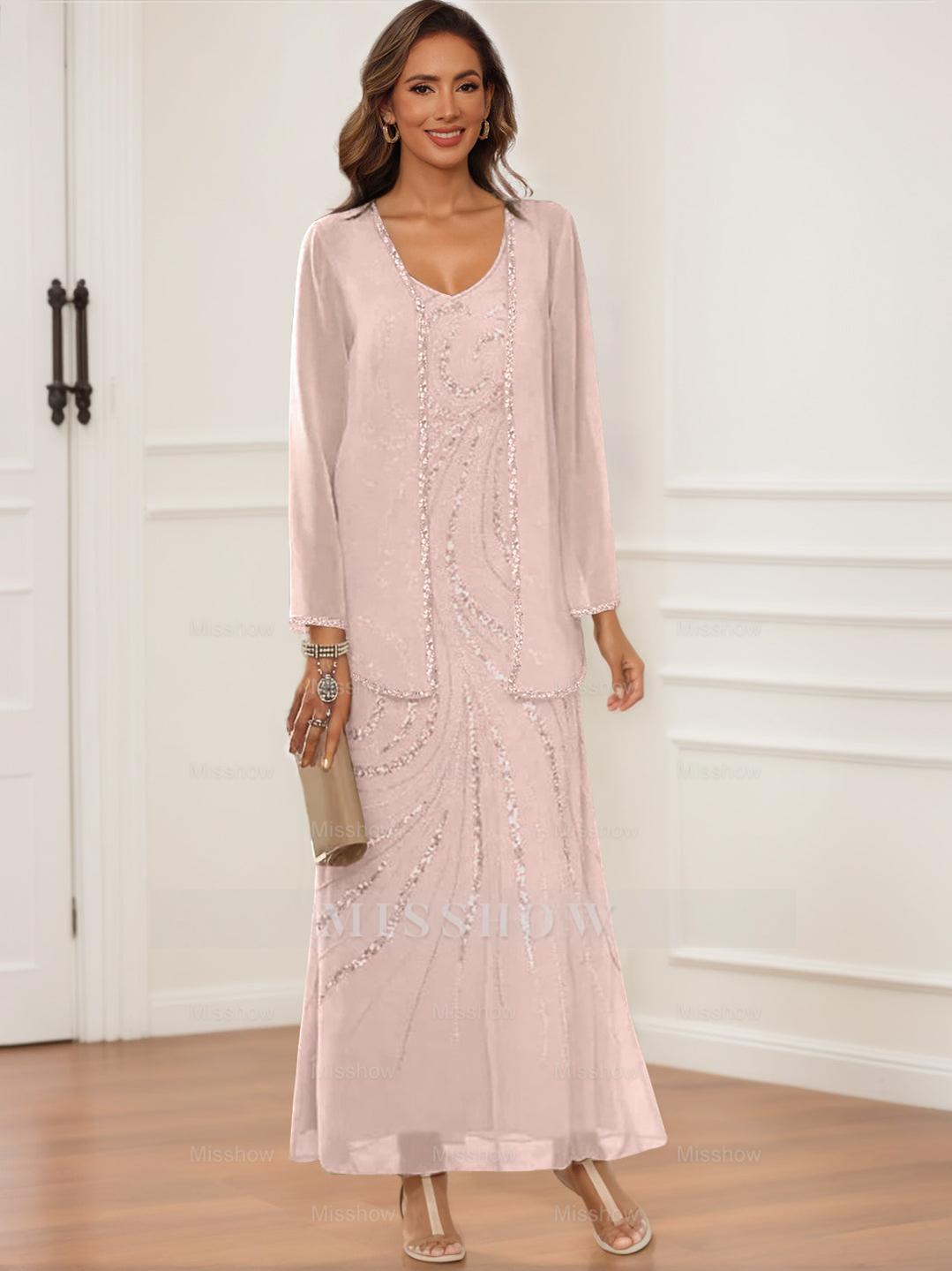 V-Neck Ankle-Length Sheath/Column Dress with Jacket & Sequins for Mothers of the Bride & Groom