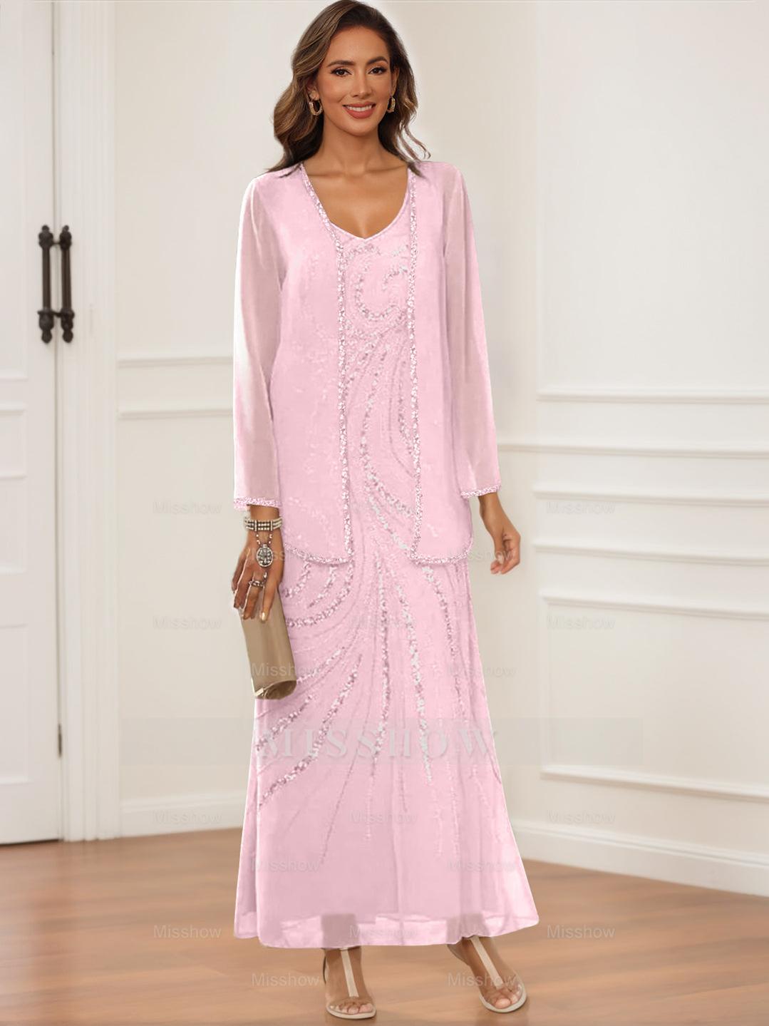 V-Neck Ankle-Length Sheath/Column Dress with Jacket & Sequins for Mothers of the Bride & Groom