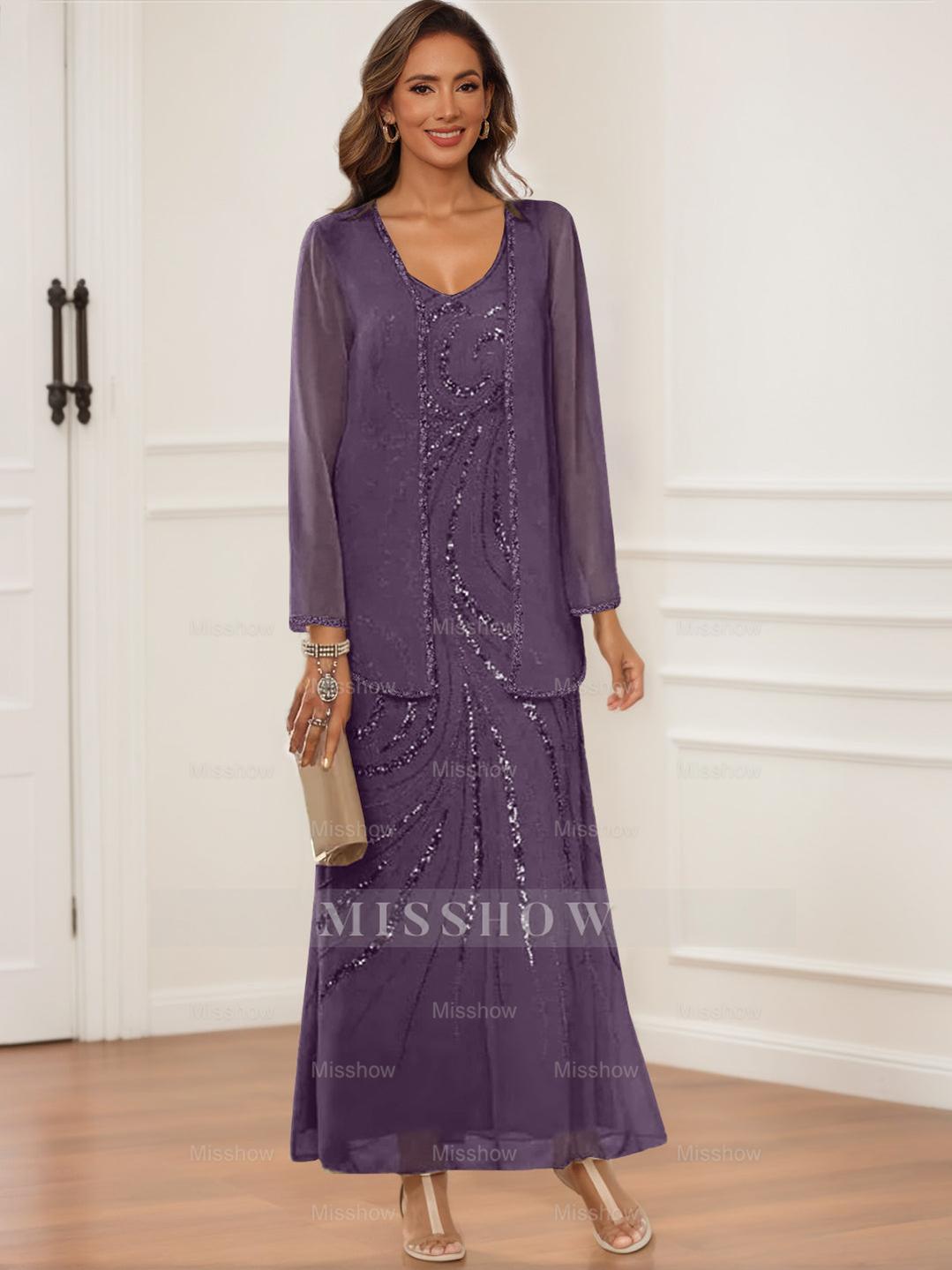 V-Neck Ankle-Length Sheath/Column Dress with Jacket & Sequins for Mothers of the Bride & Groom