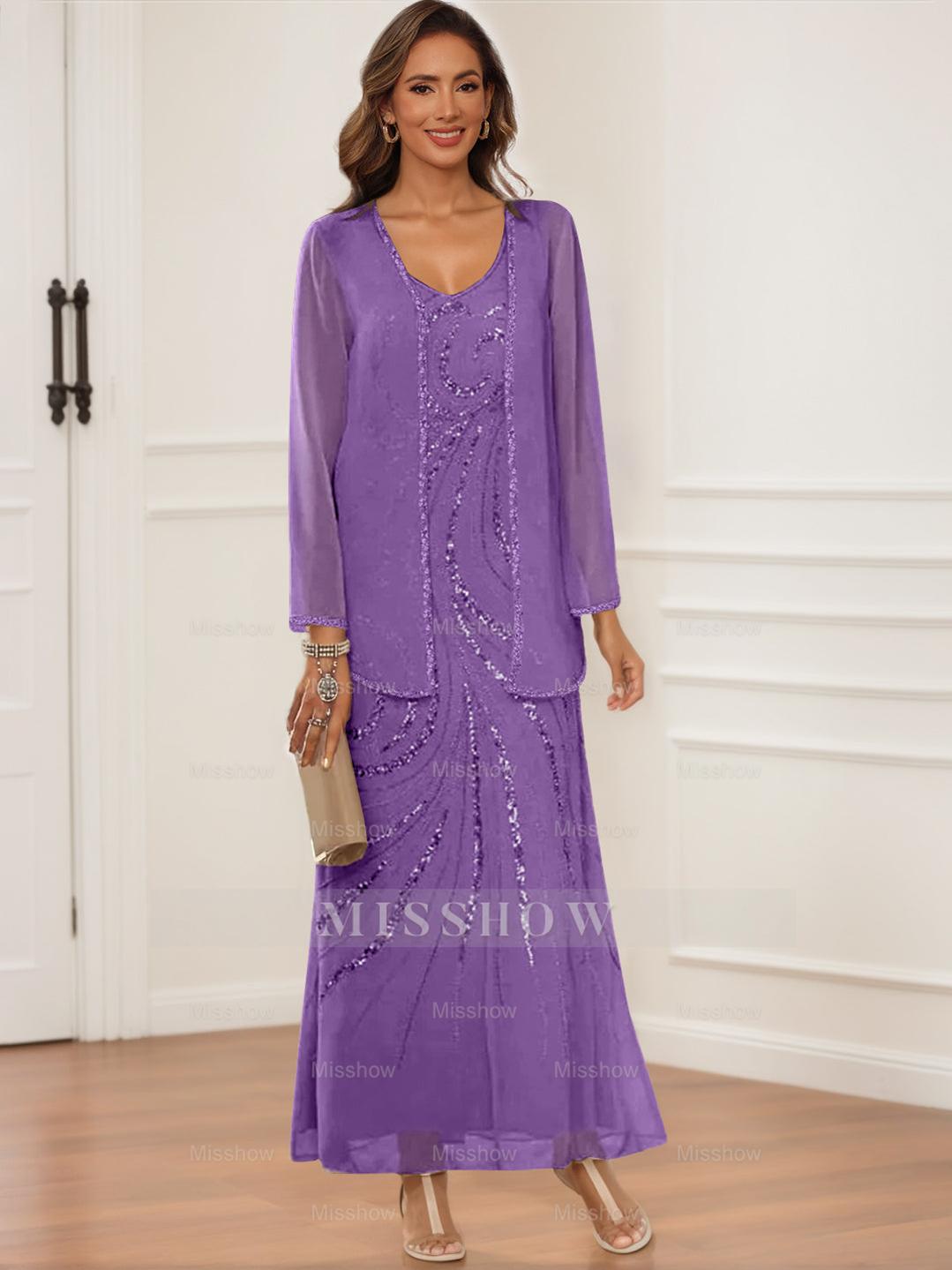 V-Neck Ankle-Length Sheath/Column Dress with Jacket & Sequins for Mothers of the Bride & Groom
