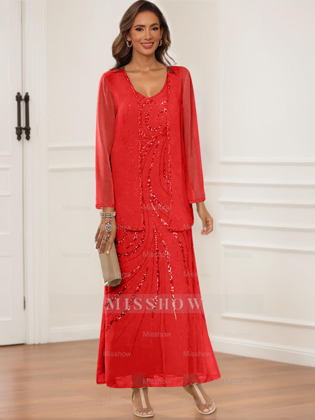 V-Neck Ankle-Length Sheath/Column Dress with Jacket & Sequins for Mothers of the Bride & Groom