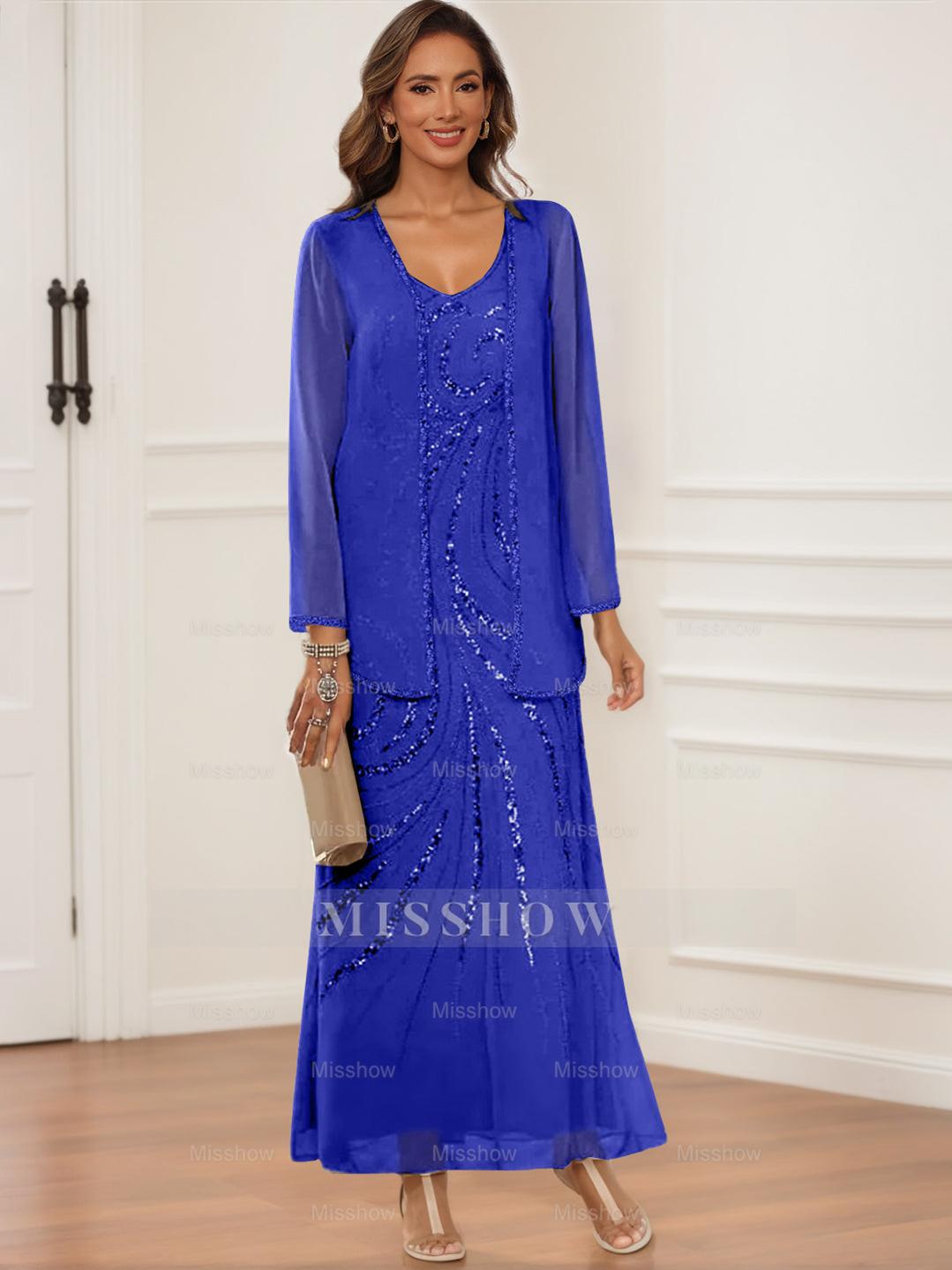 V-Neck Ankle-Length Sheath/Column Dress with Jacket & Sequins for Mothers of the Bride & Groom