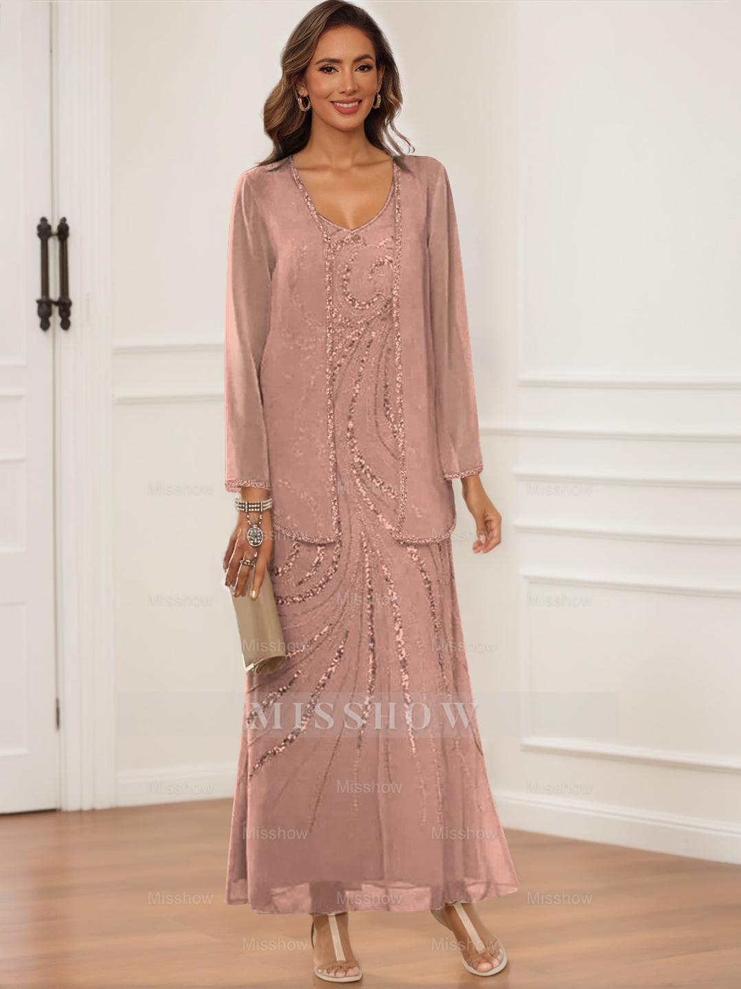 V-Neck Ankle-Length Sheath/Column Dress with Jacket & Sequins for Mothers of the Bride & Groom