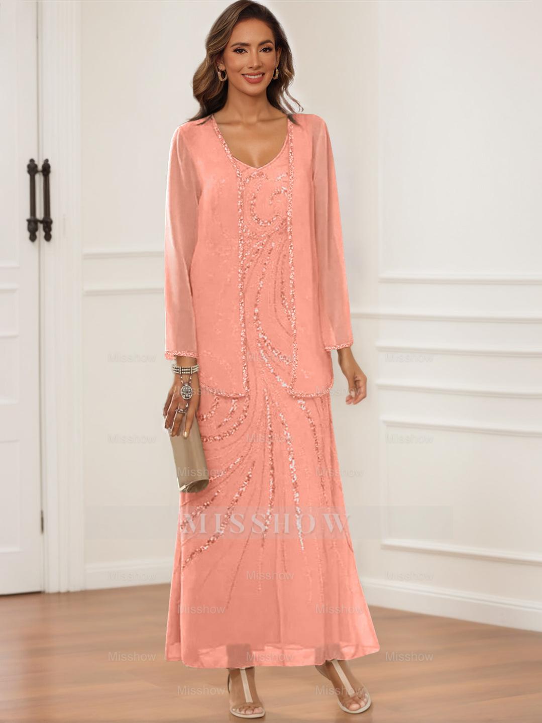 V-Neck Ankle-Length Sheath/Column Dress with Jacket & Sequins for Mothers of the Bride & Groom