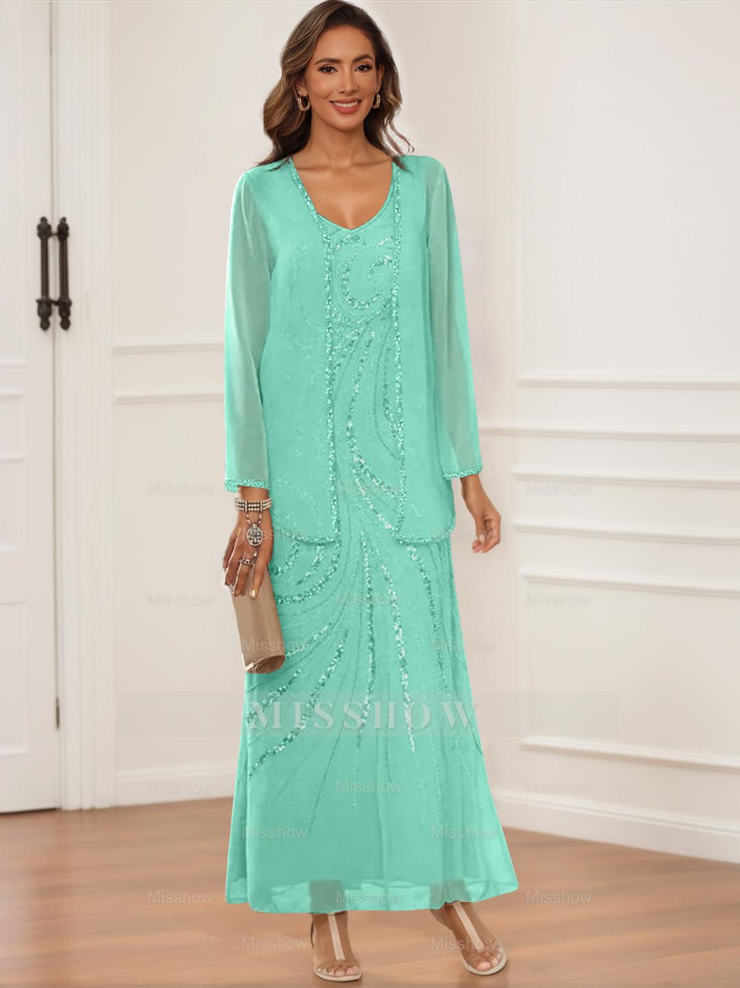 V-Neck Ankle-Length Sheath/Column Dress with Jacket & Sequins for Mothers of the Bride & Groom