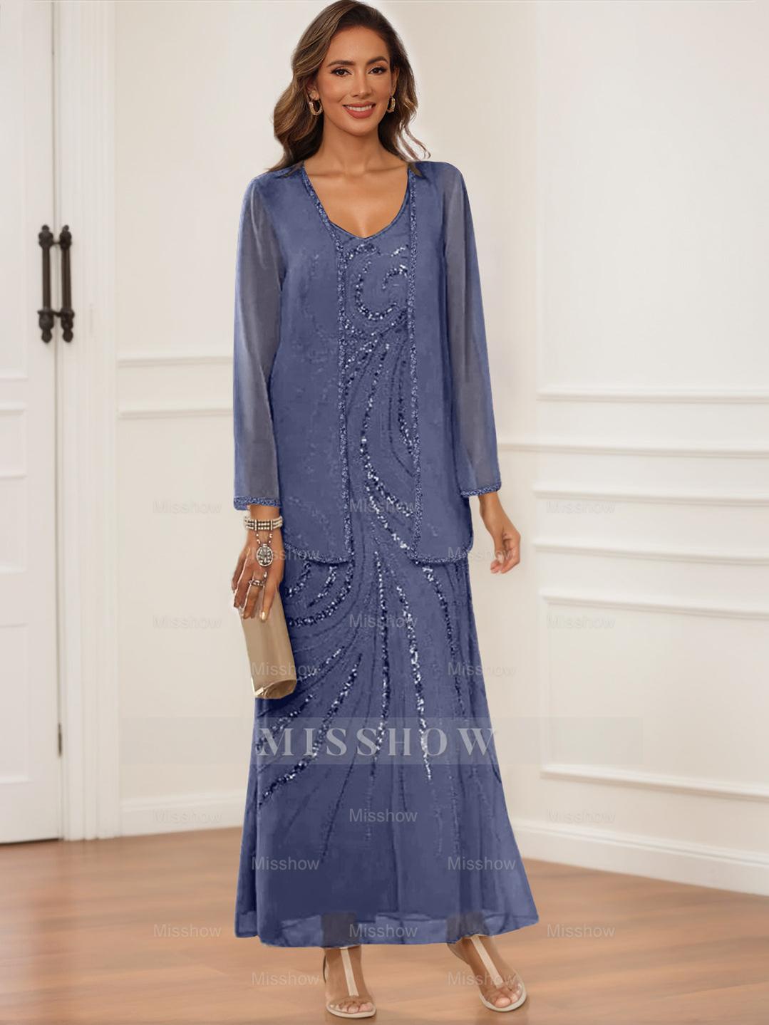 V-Neck Ankle-Length Sheath/Column Dress with Jacket & Sequins for Mothers of the Bride & Groom