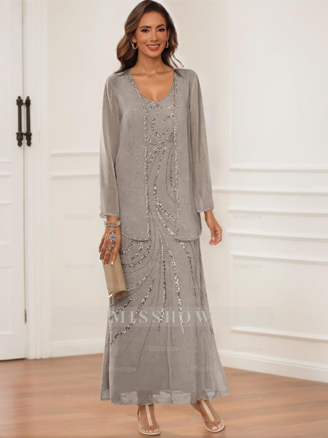 V-Neck Ankle-Length Sheath/Column Dress with Jacket & Sequins for Mothers of the Bride & Groom