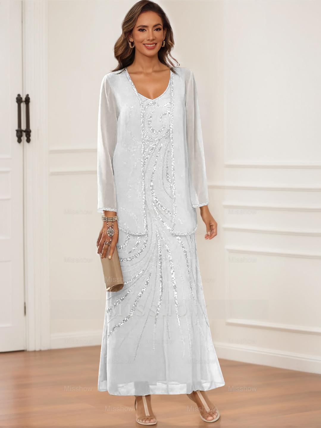 V-Neck Ankle-Length Sheath/Column Dress with Jacket & Sequins for Mothers of the Bride & Groom
