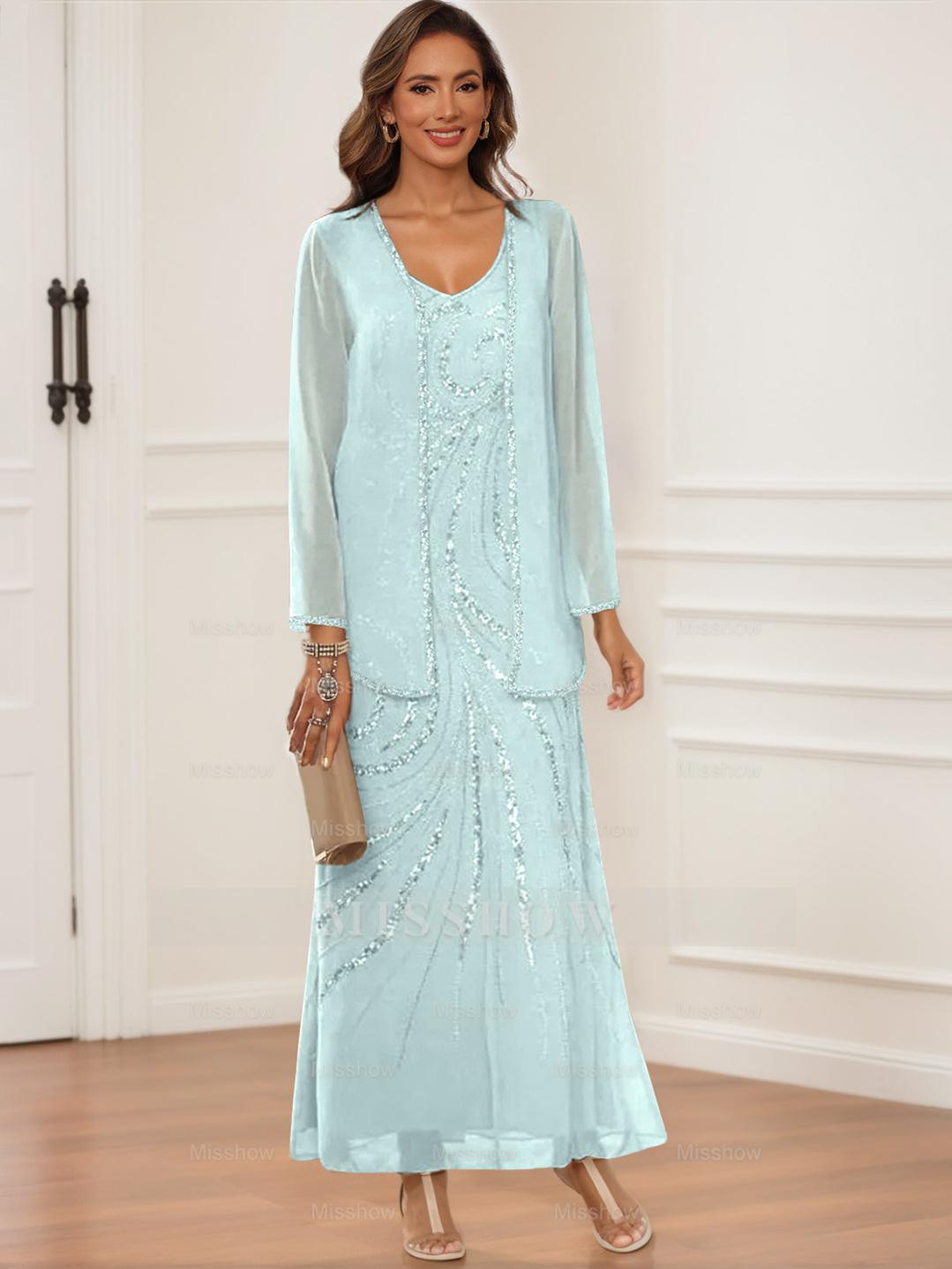 V-Neck Ankle-Length Sheath/Column Dress with Jacket & Sequins for Mothers of the Bride & Groom