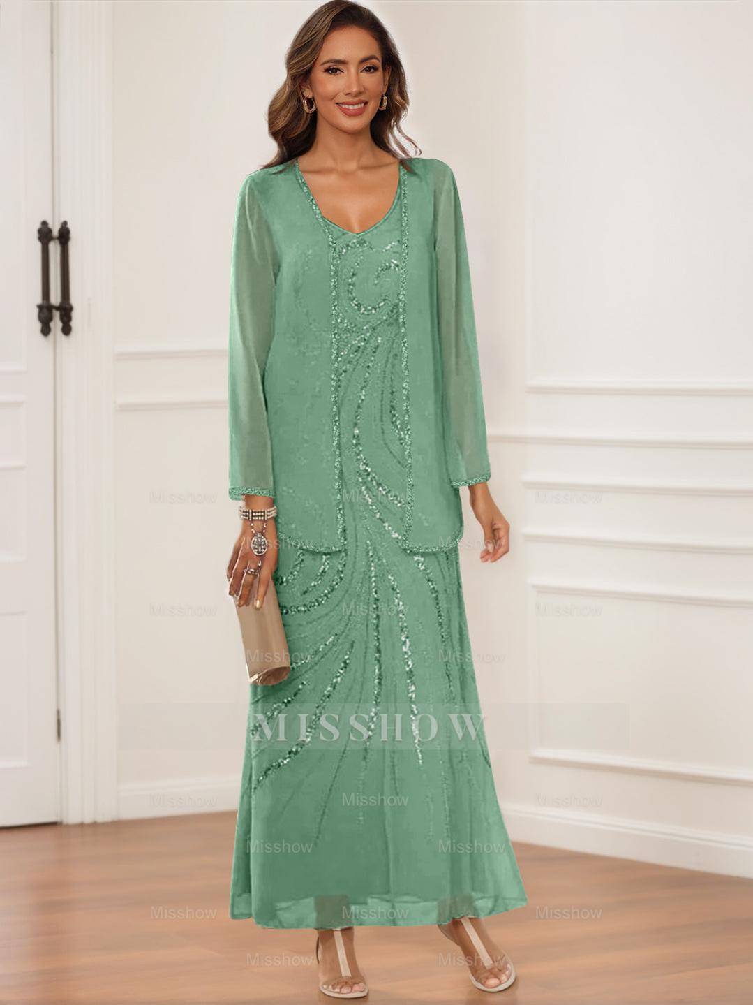 V-Neck Ankle-Length Sheath/Column Dress with Jacket & Sequins for Mothers of the Bride & Groom