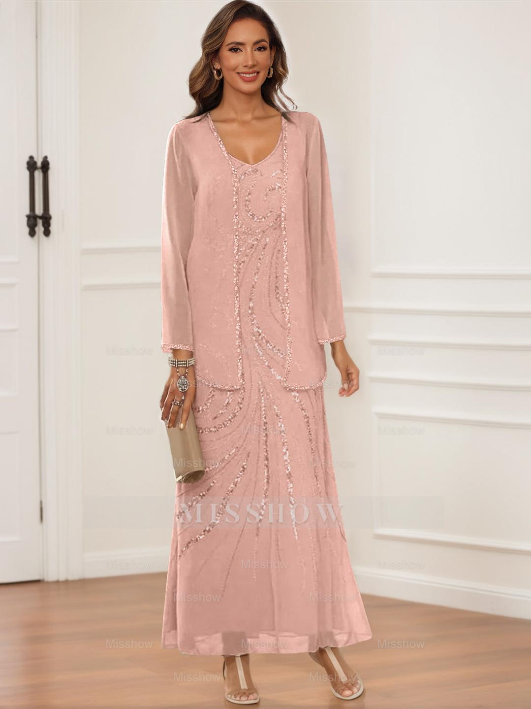 V-Neck Ankle-Length Sheath/Column Dress with Jacket & Sequins for Mothers of the Bride & Groom