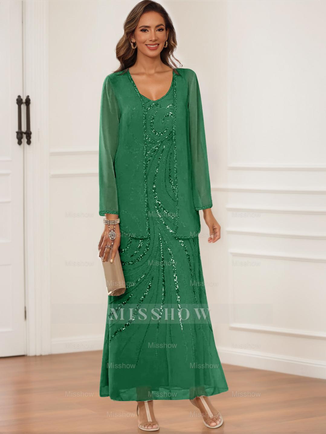V-Neck Ankle-Length Sheath/Column Dress with Jacket & Sequins for Mothers of the Bride & Groom