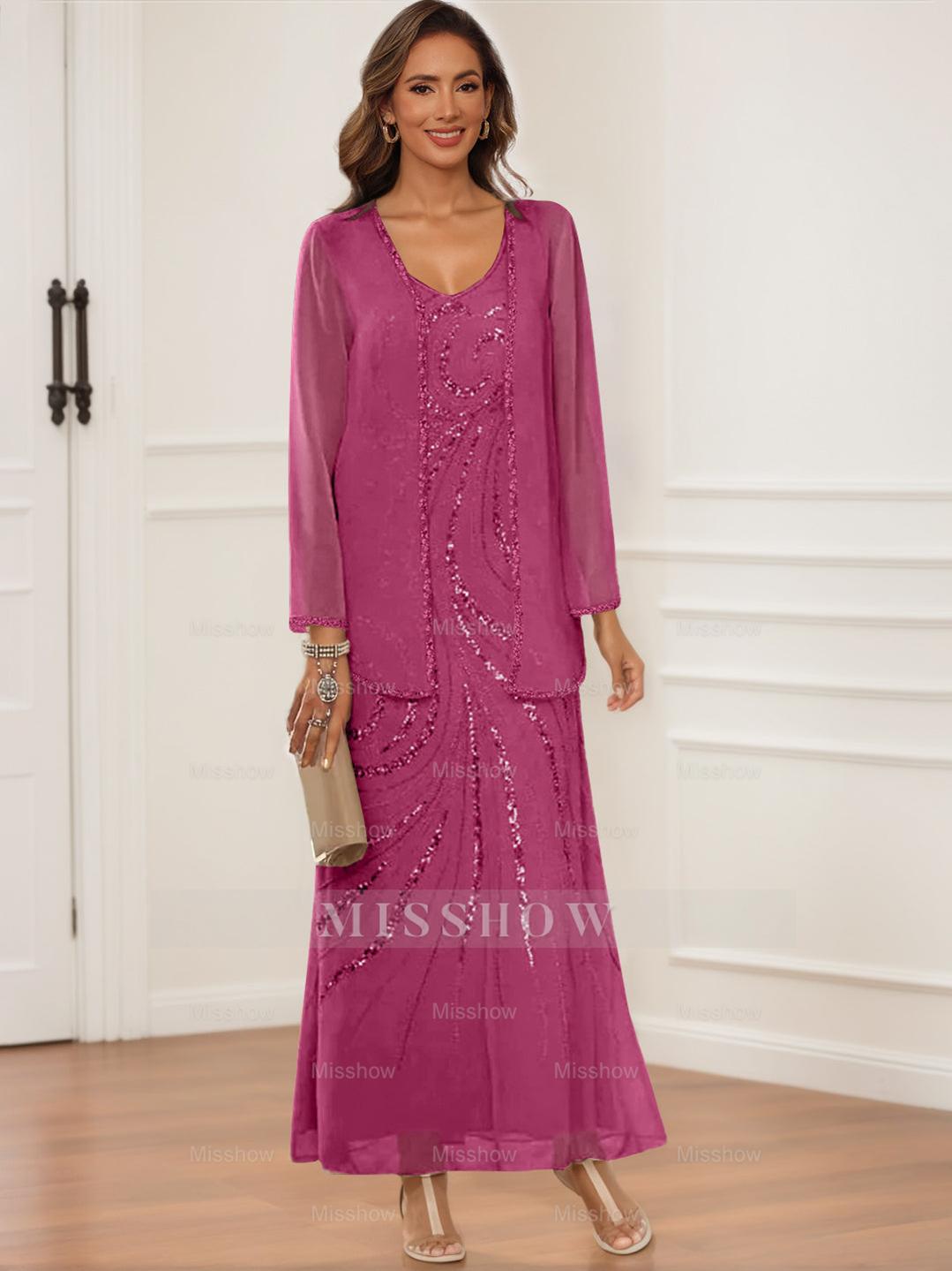 V-Neck Ankle-Length Sheath/Column Dress with Jacket & Sequins for Mothers of the Bride & Groom