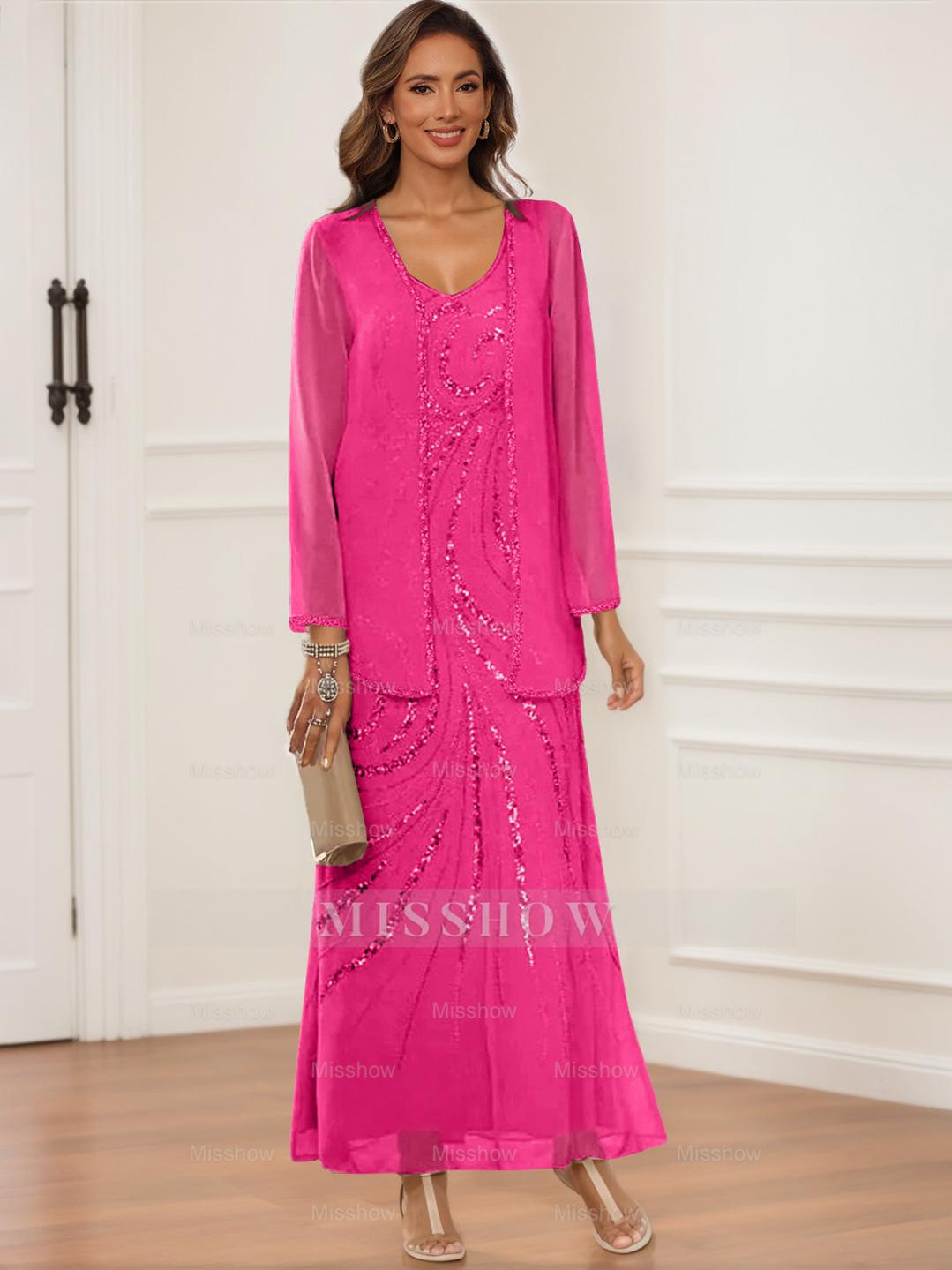 V-Neck Ankle-Length Sheath/Column Dress with Jacket & Sequins for Mothers of the Bride & Groom