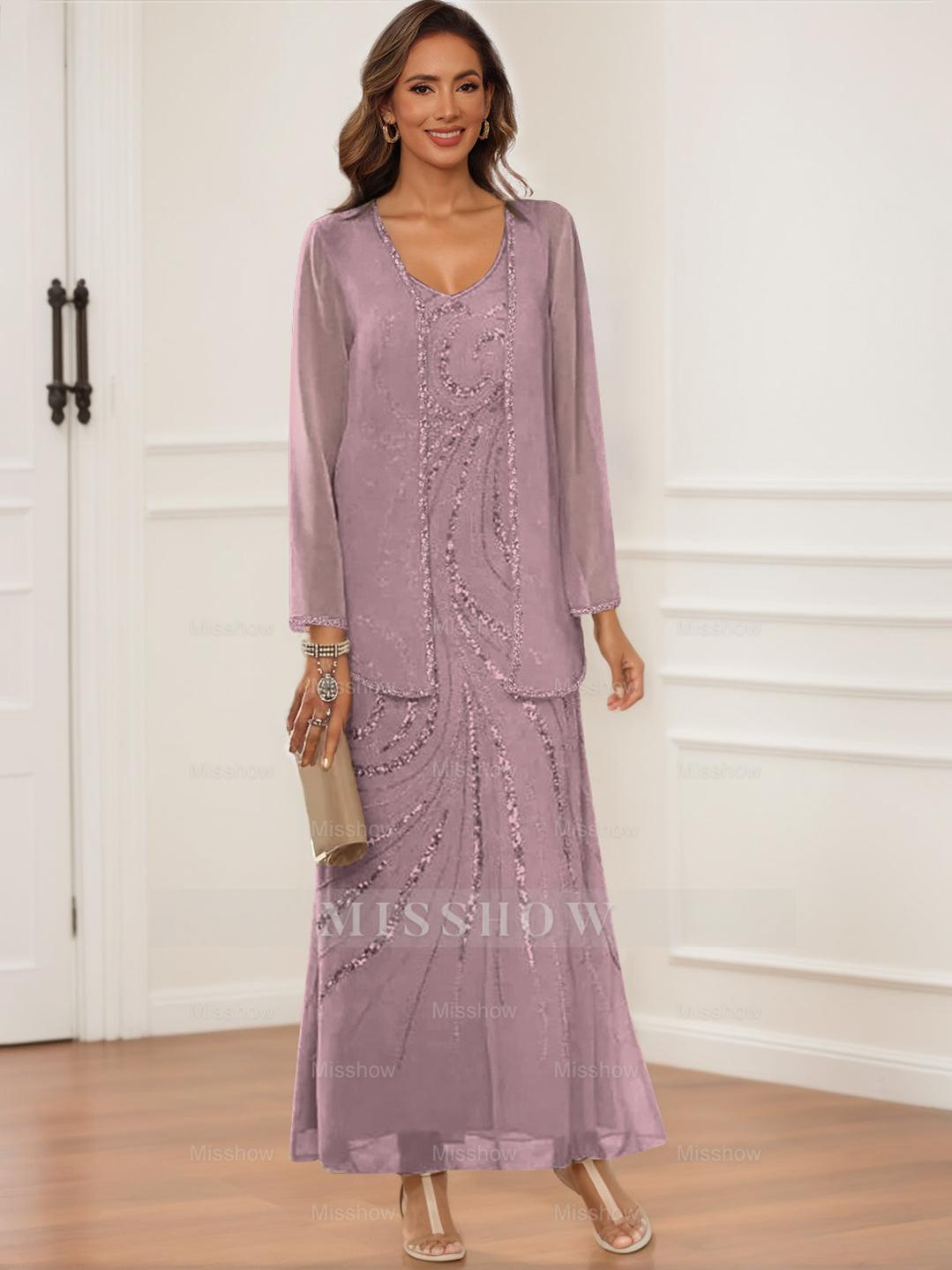 V-Neck Ankle-Length Sheath/Column Dress with Jacket & Sequins for Mothers of the Bride & Groom