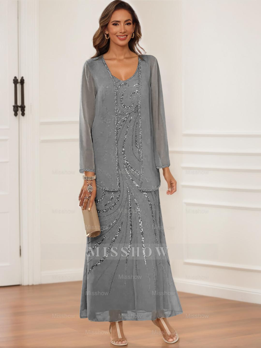 V-Neck Ankle-Length Sheath/Column Dress with Jacket & Sequins for Mothers of the Bride & Groom