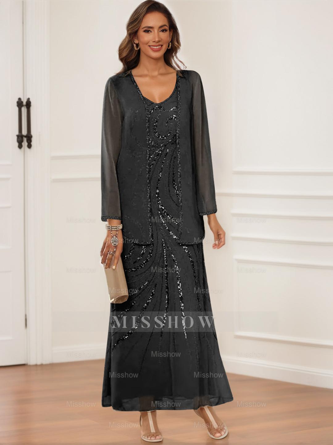 V-Neck Ankle-Length Sheath/Column Dress with Jacket & Sequins for Mothers of the Bride & Groom