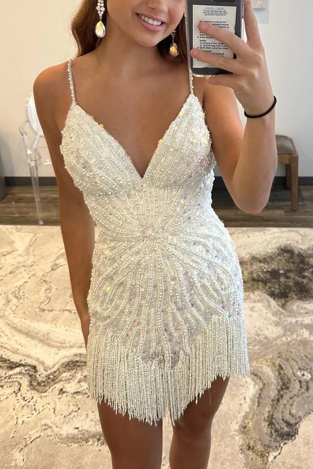 V-Neck Beaded Spaghetti Straps All-Over Sequin Geometric Beading Lace-Up Open Back Beaded Fringe Hem Bodycon Homecoming Dress Mini
