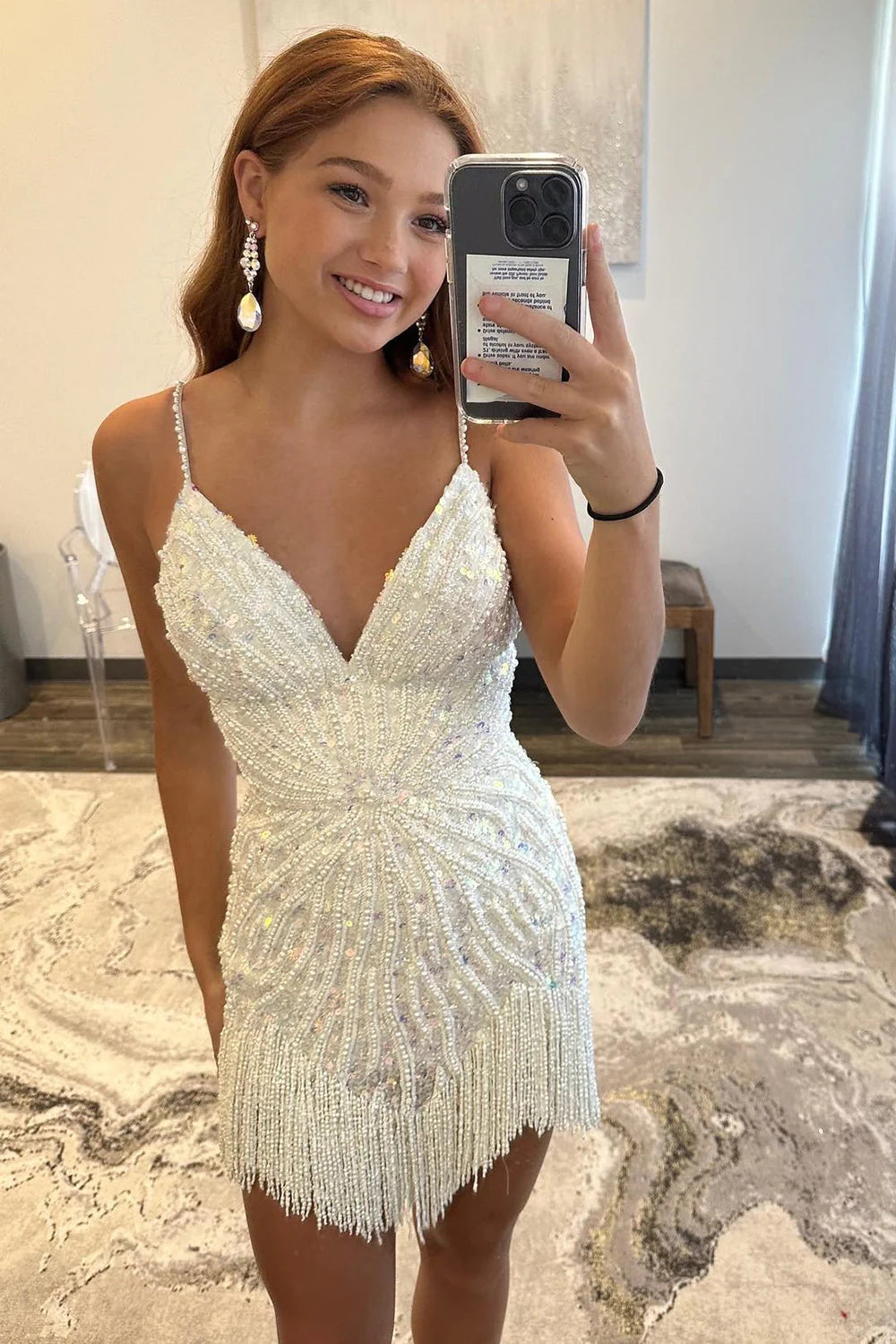 V-Neck Beaded Spaghetti Straps All-Over Sequin Geometric Beading Lace-Up Open Back Beaded Fringe Hem Bodycon Homecoming Dress Mini