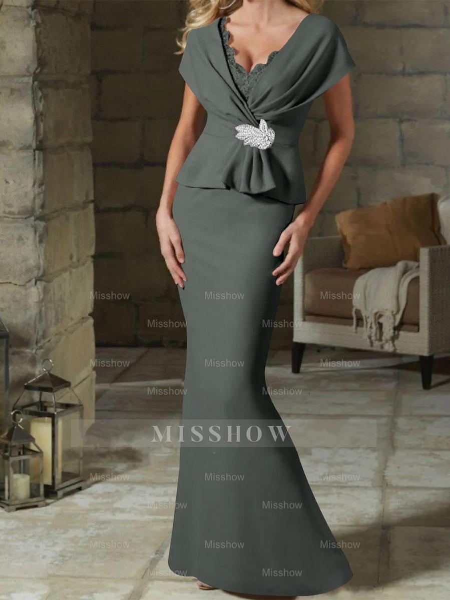 V-Neck Belted Mother of the Bride Sheath/Column Dresses