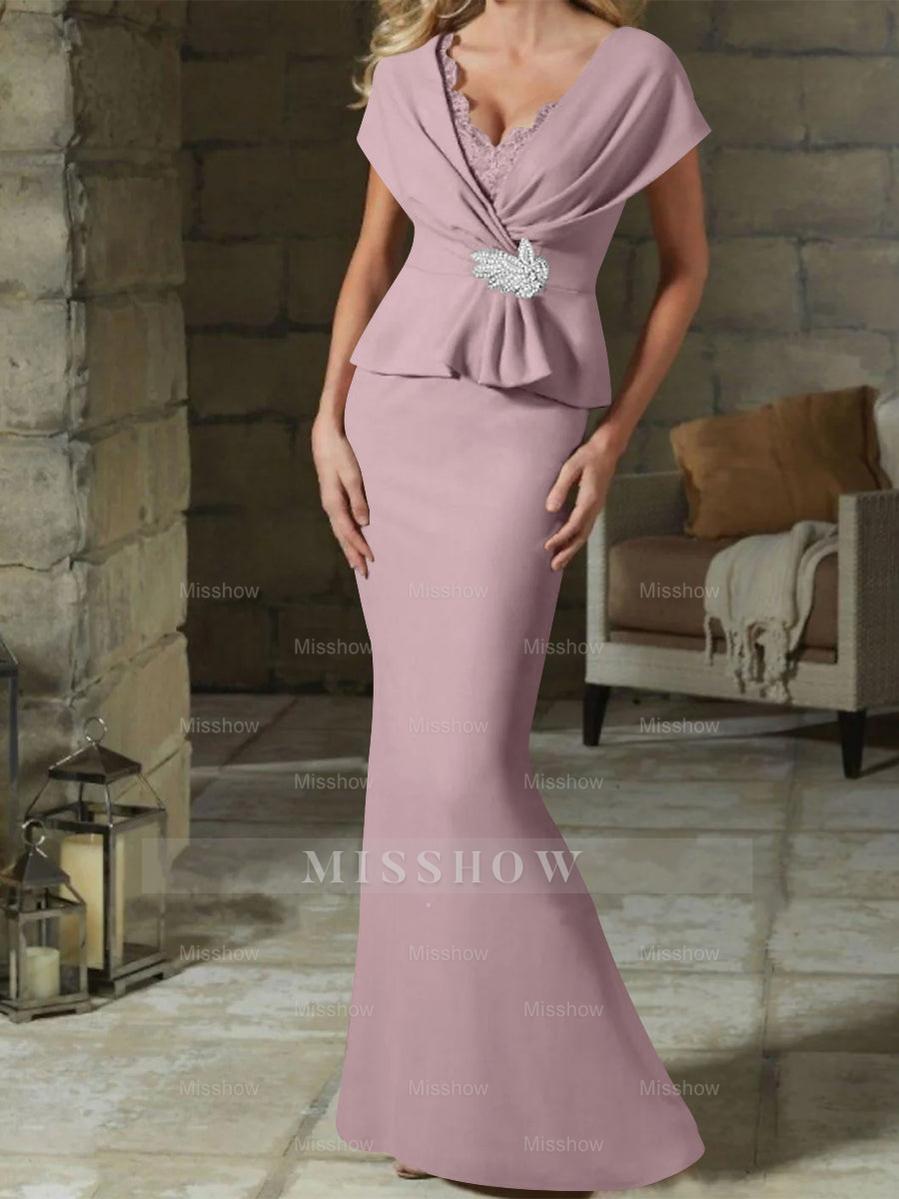 V-Neck Belted Mother of the Bride Sheath/Column Dresses