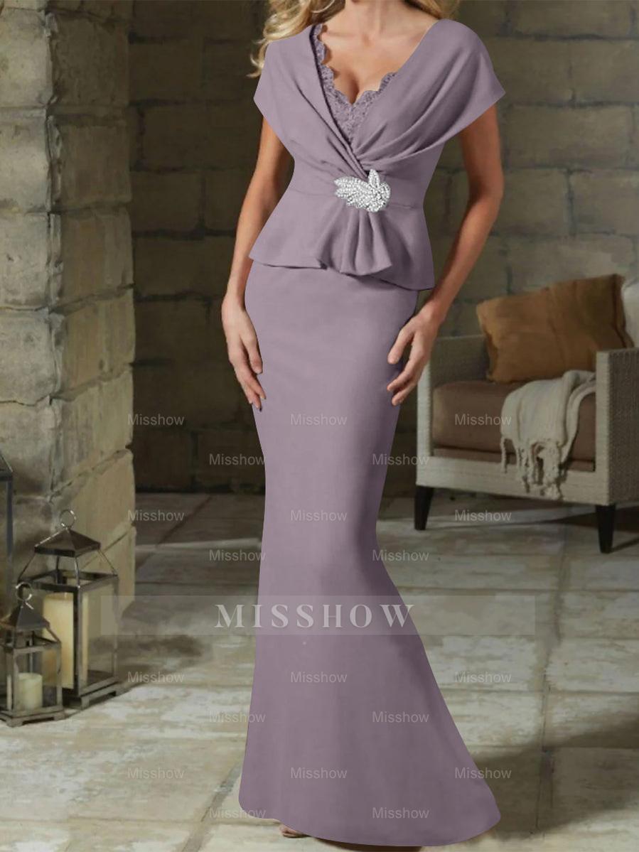 V-Neck Belted Mother of the Bride Sheath/Column Dresses
