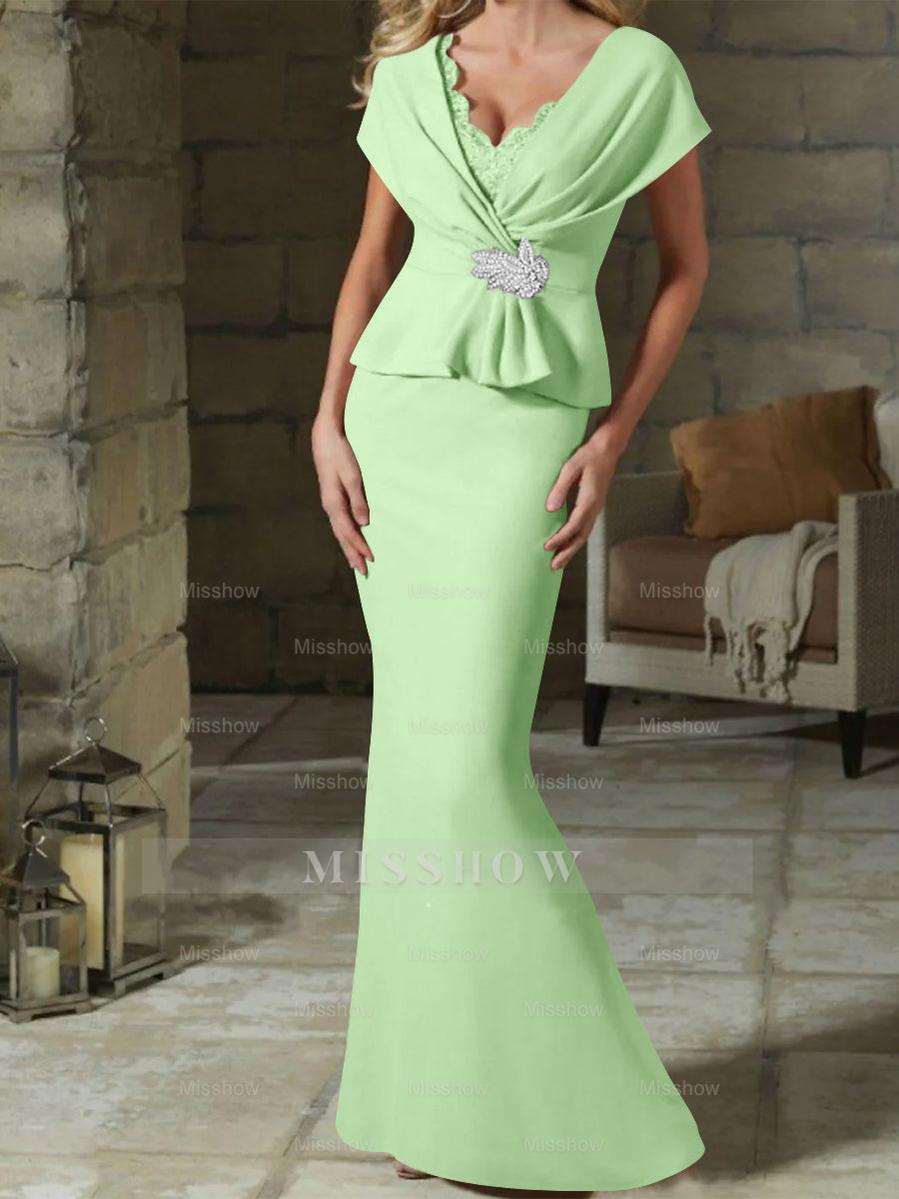 V-Neck Belted Mother of the Bride Sheath/Column Dresses