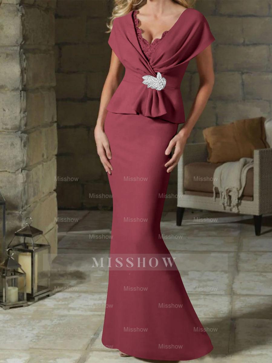 V-Neck Belted Mother of the Bride Sheath/Column Dresses