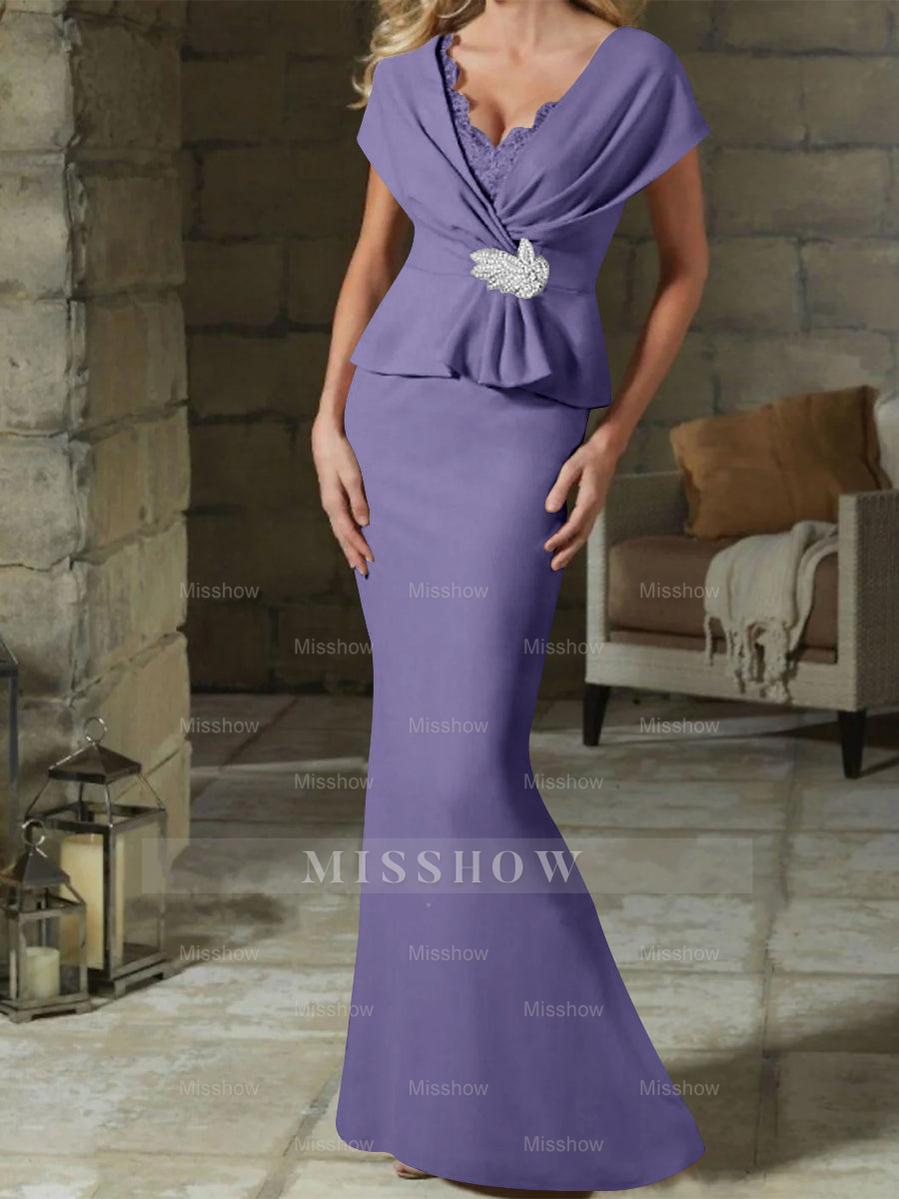 V-Neck Belted Mother of the Bride Sheath/Column Dresses