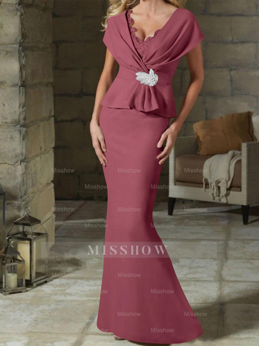 V-Neck Belted Mother of the Bride Sheath/Column Dresses