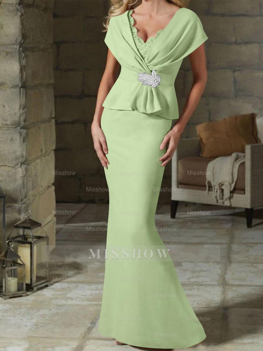 V-Neck Belted Mother of the Bride Sheath/Column Dresses