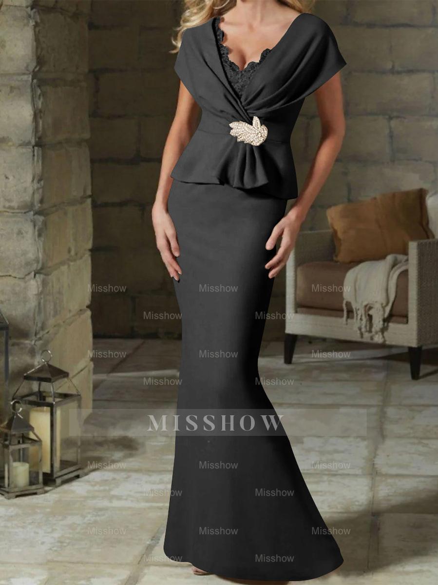 V-Neck Belted Mother of the Bride Sheath/Column Dresses
